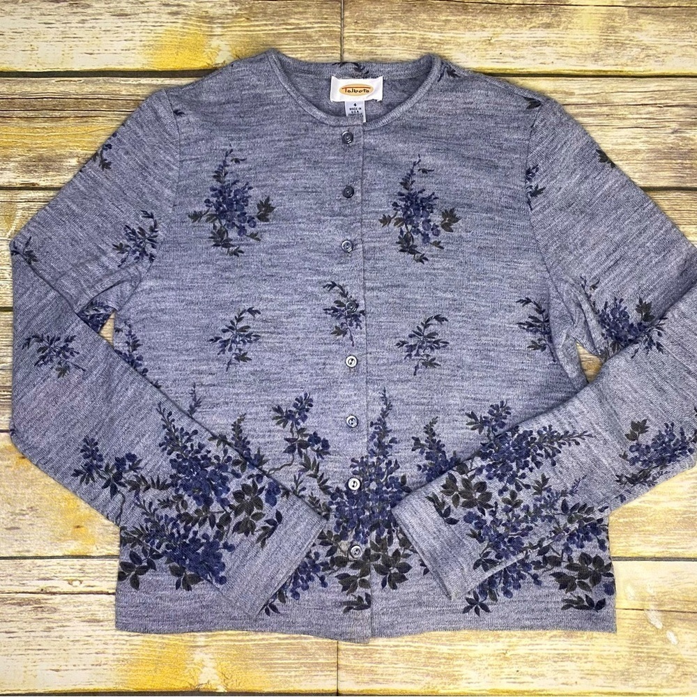 Vintage Talbots Cottagecore Grey Floral Wool Blend Cardigan‎ Women’s Size 4